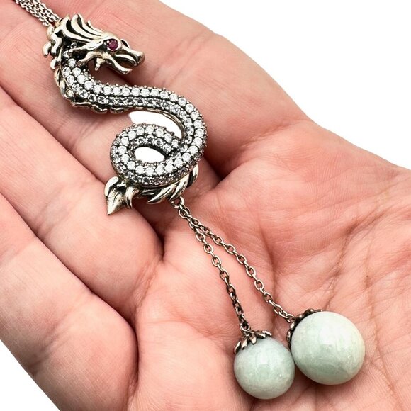 Jade of Yesteryear Womens Necklace Sterling Silver Green Jade Dragon Pendant - Picture 2 of 4